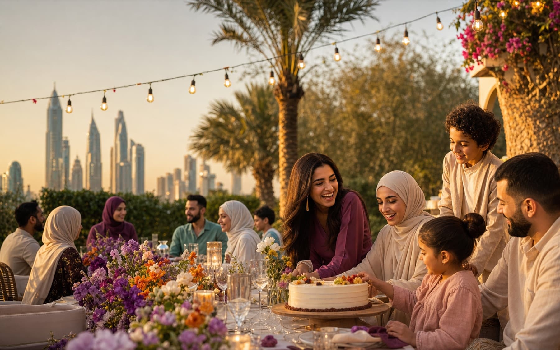 Family and friends celebrating together at a Dubai garden event